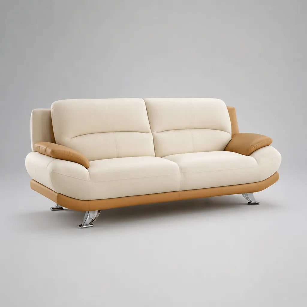 Divano a 3 posti in similpelle PU bianca rotta e cammello con piedi in metallo, 210 × 95 × 90 cm