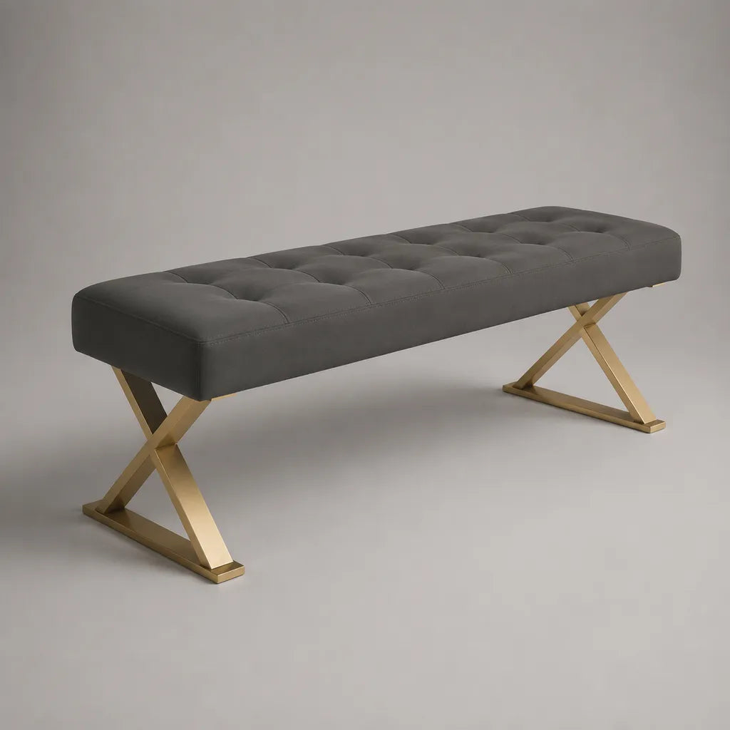 Panca imbottita in acciaio inox e poliestere in velluto, grigio e oro, 140 × 45 × 45 cm