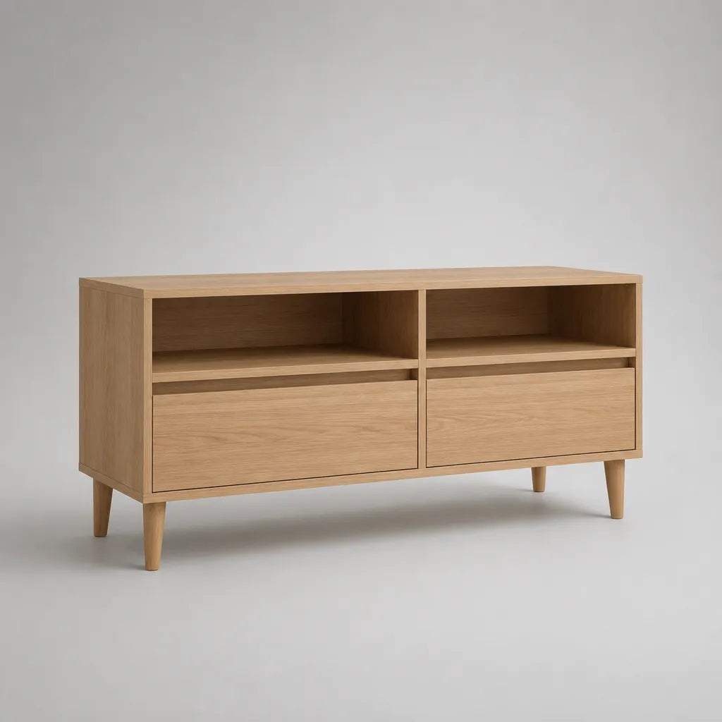 Armadio TV rettangolare in legno con 2 cassetti e 2 nicchie, rovere naturale, 120 × 40 × 65 cm