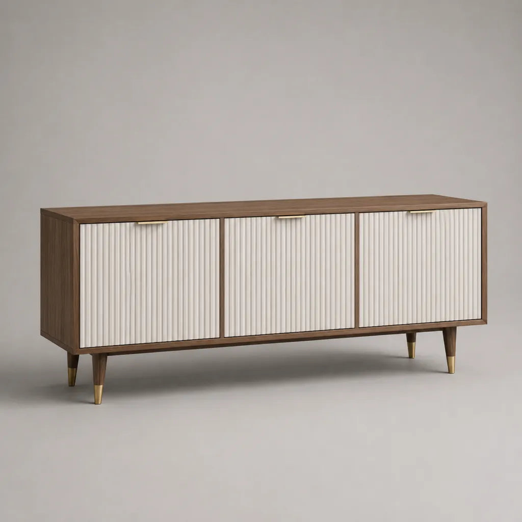 Armadio rettangolare 3 porte in legno TV, marrone noce, bianco rotto e dorato, 160 × 40 × 75 cm