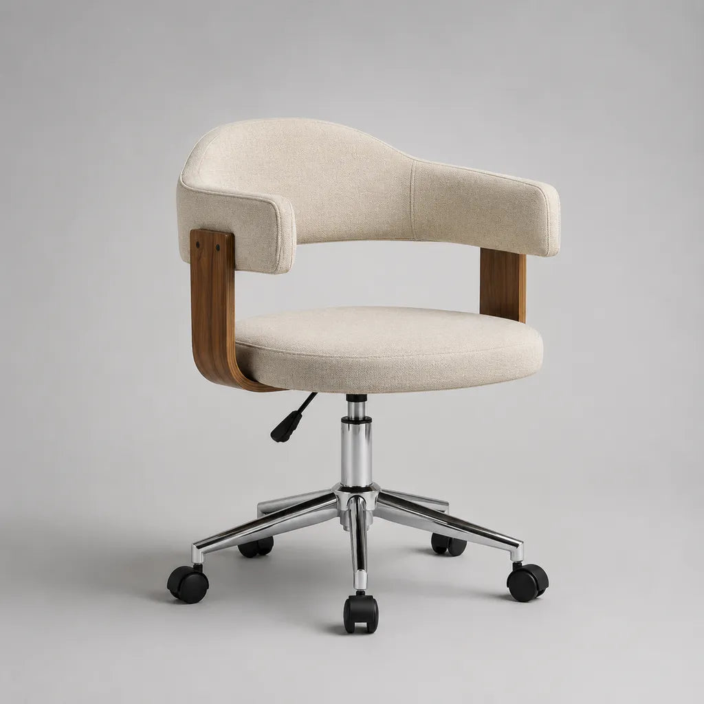 Sedia girevole beige regolabile con braccioli, schienale in poliestere curvo e compensato, 62 × 60 × 77–87 cm