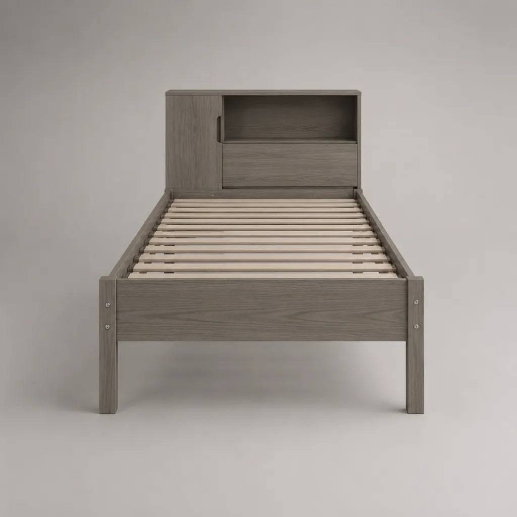 Letto singolo grigio in pannelli a particelle con testa da letto e letto con latte, letto 90 × 190 cm, dimensioni 219 × 96 × 120 cm