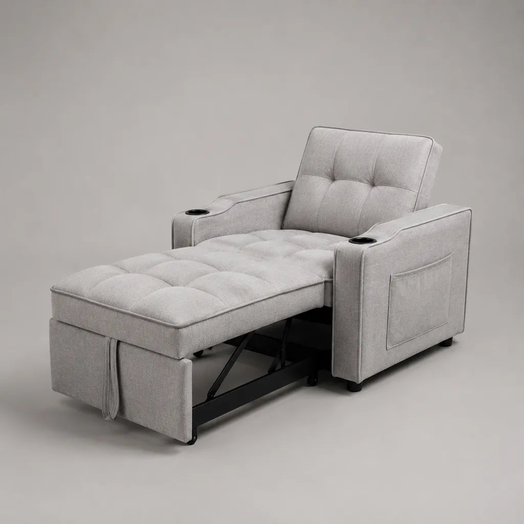 Sedia da letto convertibile 1 seduta in tessuto grigio chiaro con 2 portabicchiere, 92 × 90 × 86 cm, dimensioni piegate 92 × 190 × 86 cm