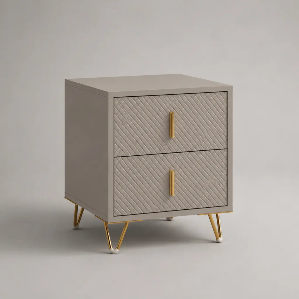 Comodino rettangolare con 2 cassetti in MDF e acciaio, grigio e oro, 45 × 40 × 55 cm