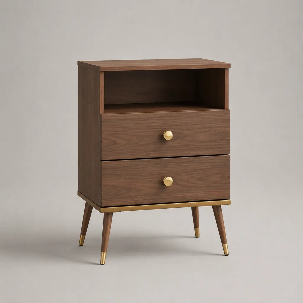 Comodino in legno e metallo con 2 cassetti e nicchia aperta, marrone noce e ottone, 45 × 35 × 65 cm