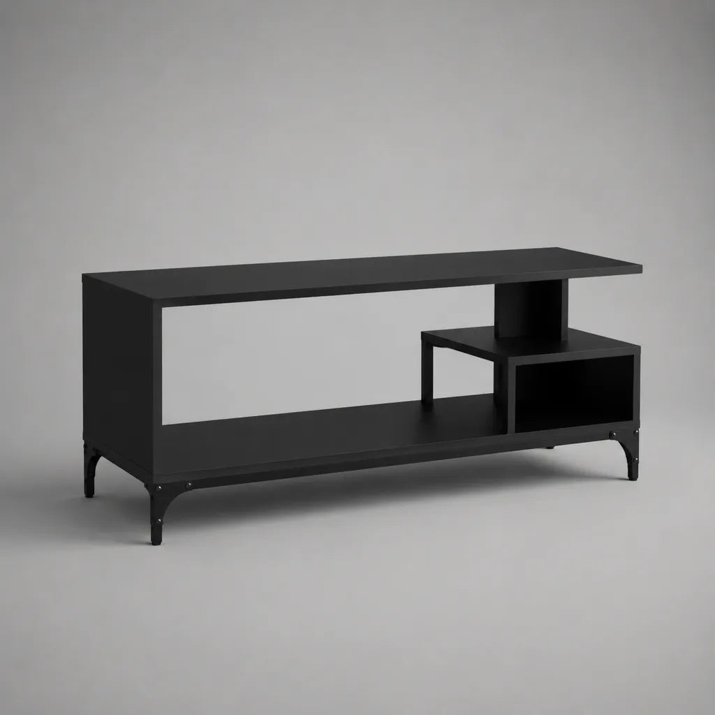 Armadio rettangolare a bassa TV in legno e metallo nero opaco con stoccaggio aperto, 120 × 35 × 55 cm