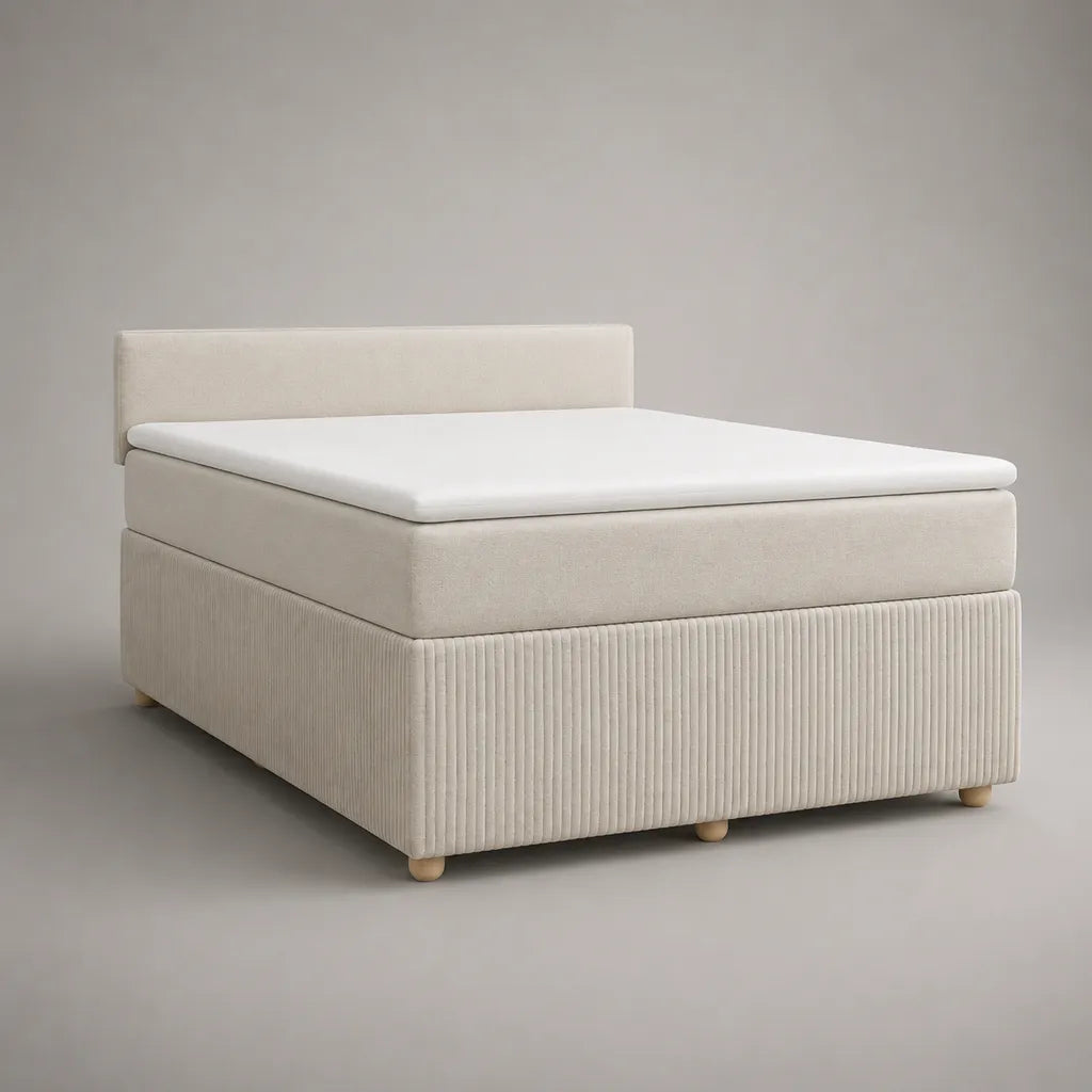 Letto a molla 2 posti in tessuto beige con testata, materasso e materasso, letto 160 × 200 cm