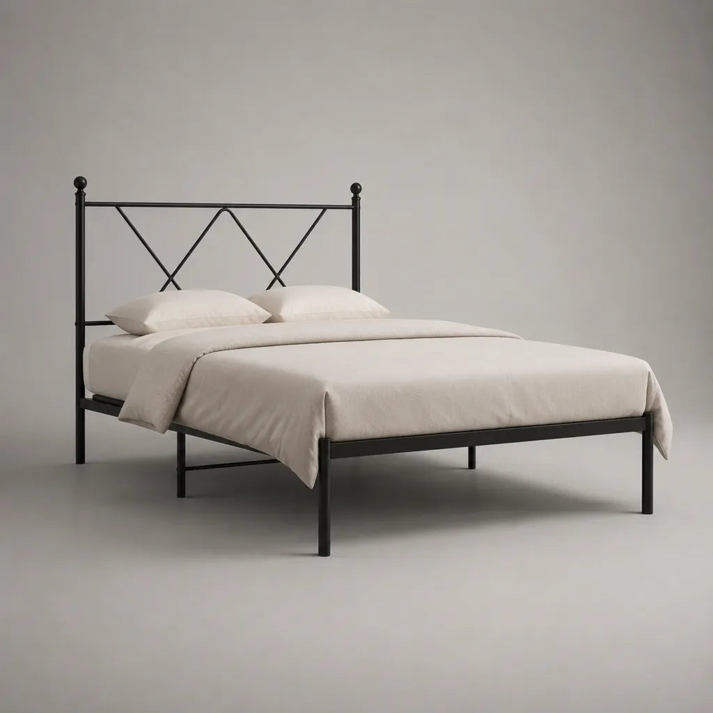 Telaio letto matrimoniale in acciaio nero 160 × 200 cm con testa letto geometrica