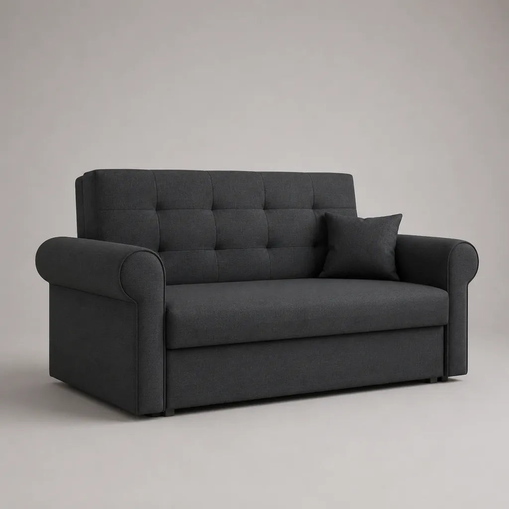 Divano a 2 posti in tessuto antracite, letto 120 × 190 cm, dimensioni 158 × 88 × 90 cm