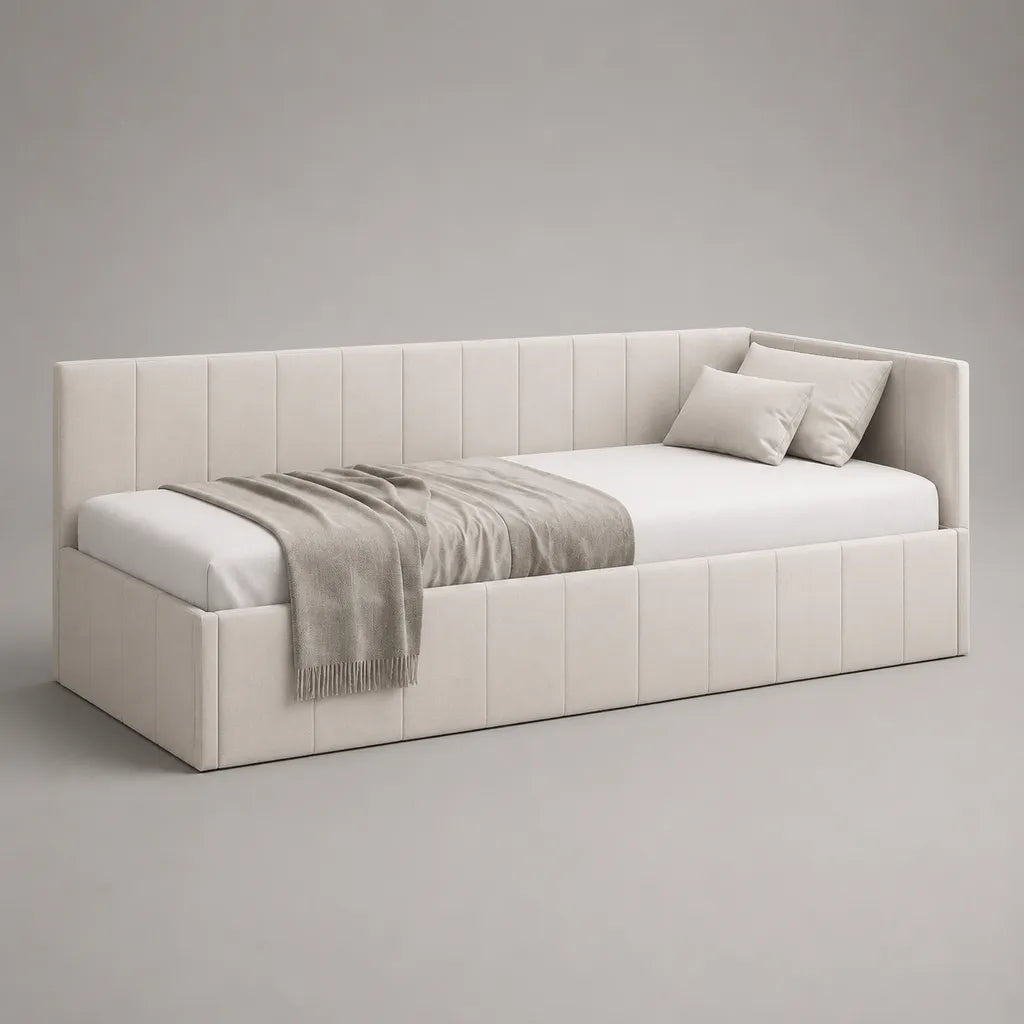 Lettino imbottito in tessuto, legno e metallo, bianco rotto, letto 90 × 200 cm, dimensioni 216 × 104 × 83 cm