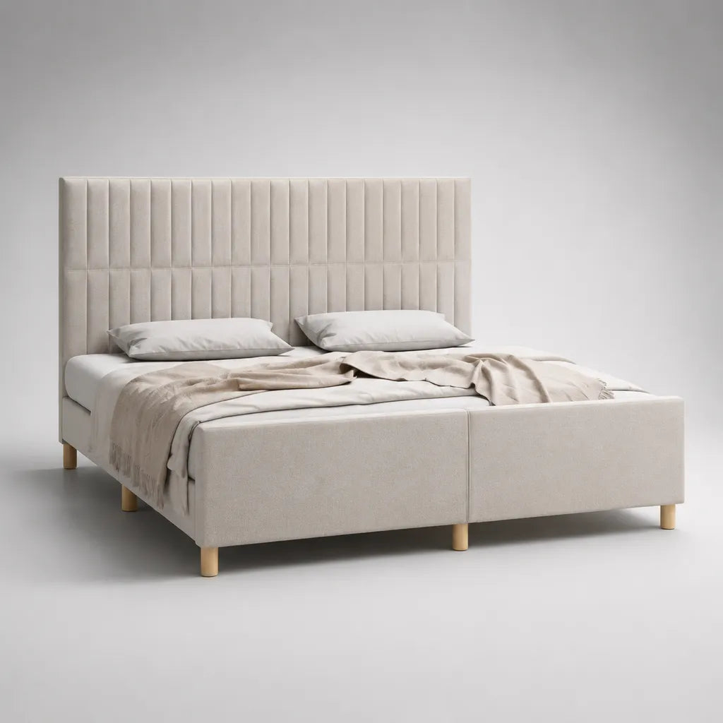 Telaio matrimoniale in poliestere beige imbottito con testa alta, letto 180 × 200 cm, dimensioni 215 × 190 × 140 cm