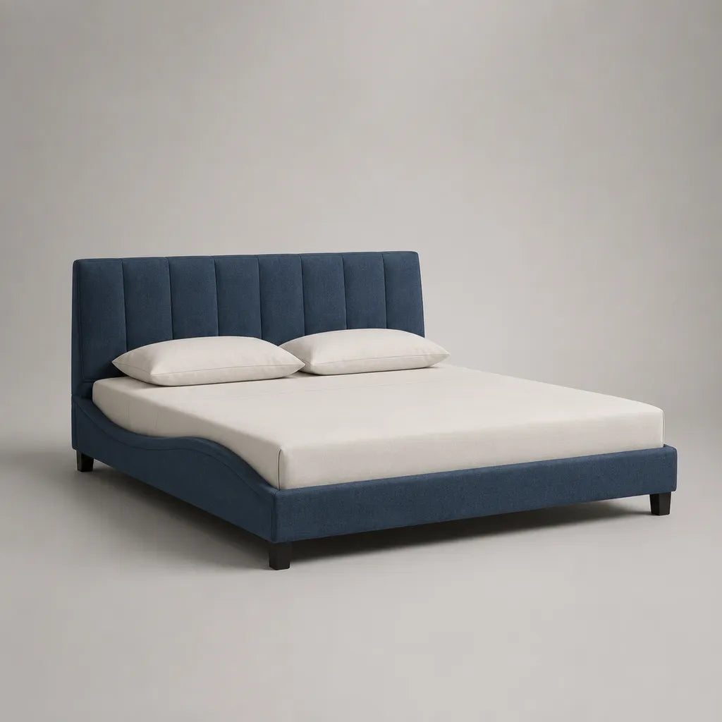 Letto matrimoniale imbottito blu marino con letto testata, letto 160 × 200 cm, dimensioni 215 × 170 × 105 cm