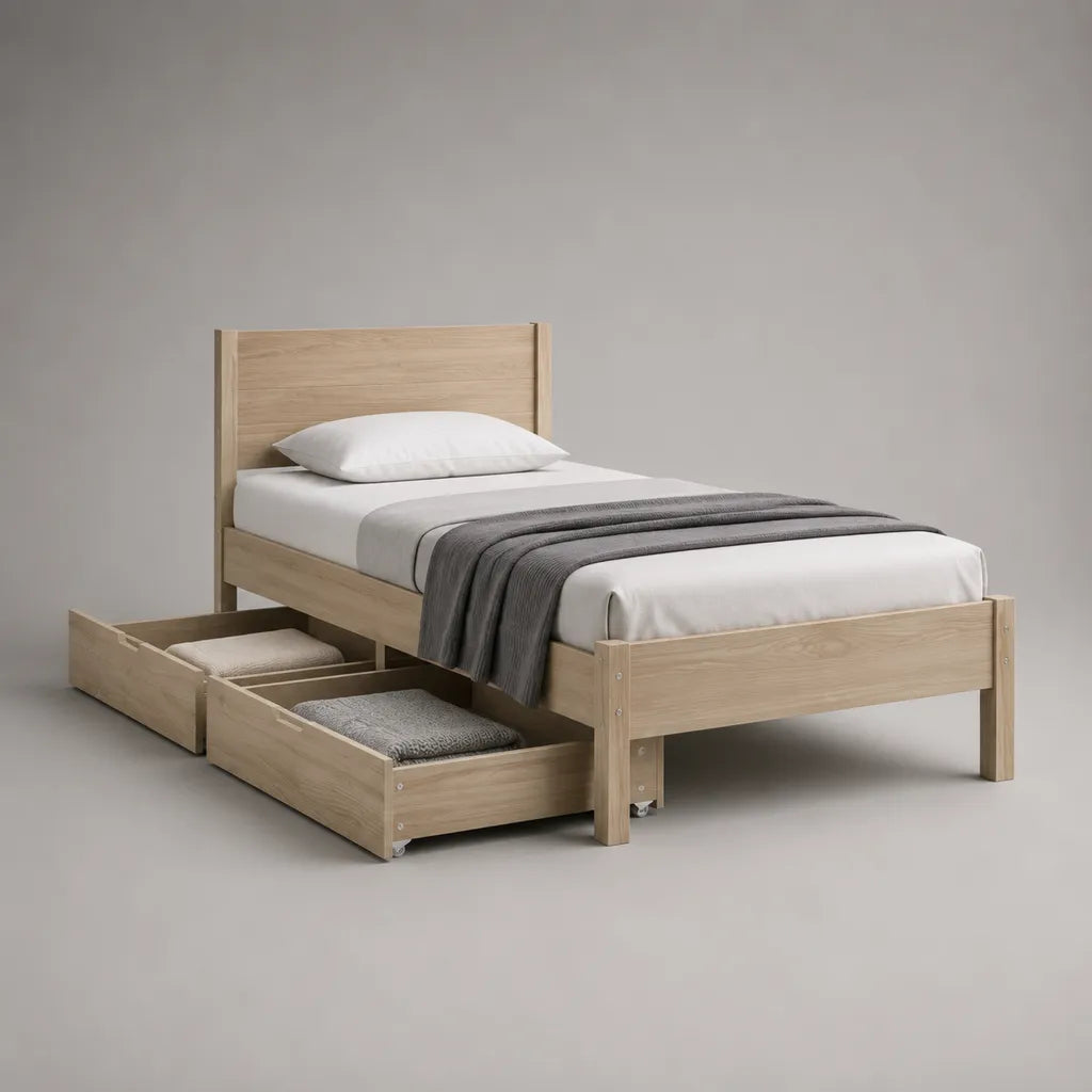 Letto singolo in pino massiccio con 2 cassetti di stoccaggio, rovere leggero, posti letto 90 × 200 cm, dimensioni 208 × 98 × 105 cm