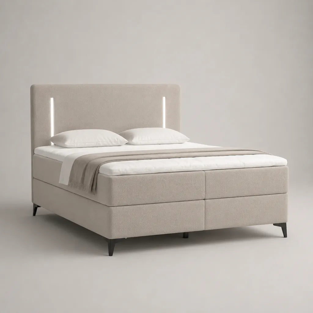 Letto matrimoniale continentale in tessuto beige con piedi neri, materassi a molla saccheggiati, super materassi e testata leggera LED, 180 × 200 cm