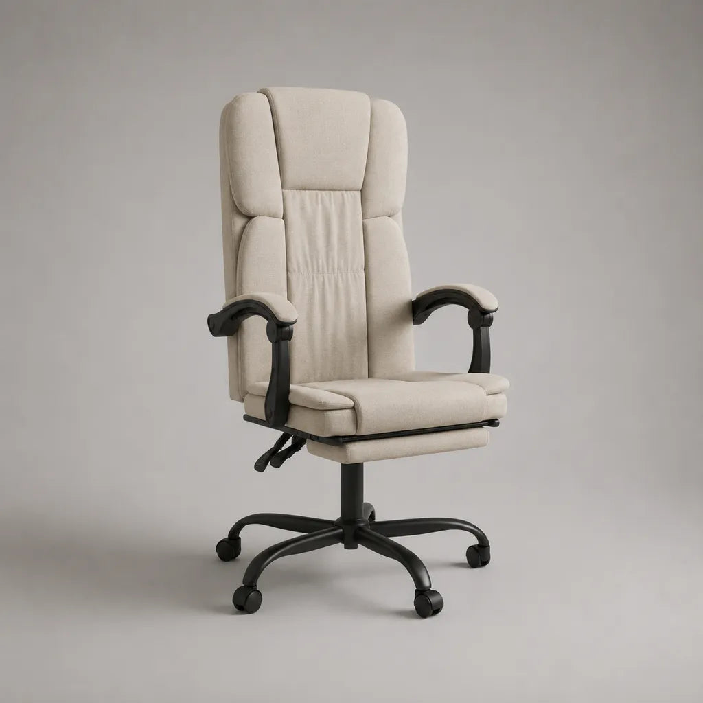 Sedia da tavolo in tessuto beige e metallo nero, parte posteriore, altezza regolabile, 67 × 72 × 110–120 cm