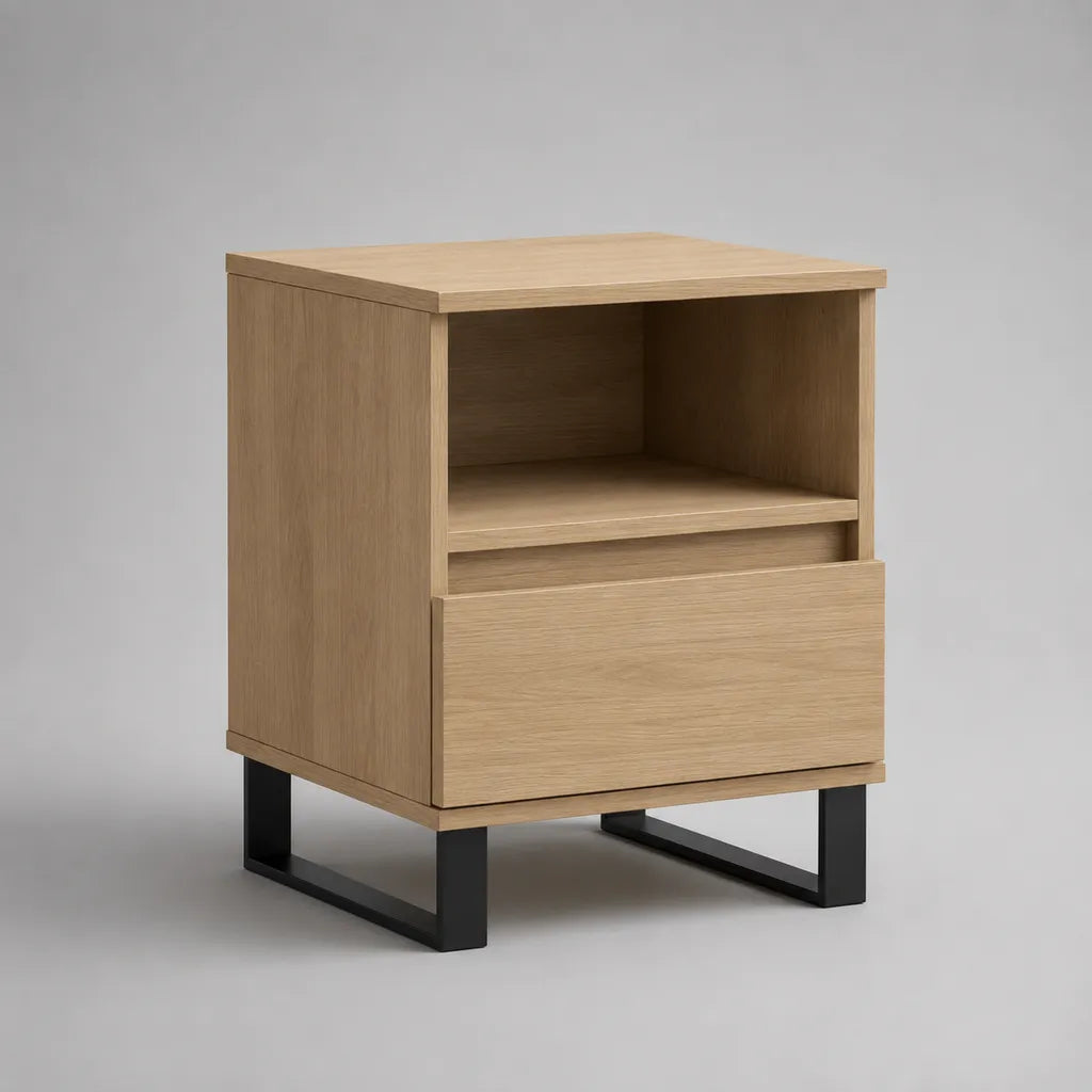 Comodino rettangolare in legno e metallo, con cassetto e nicchia, rovere naturale e nero, 45 × 40 × 60 cm