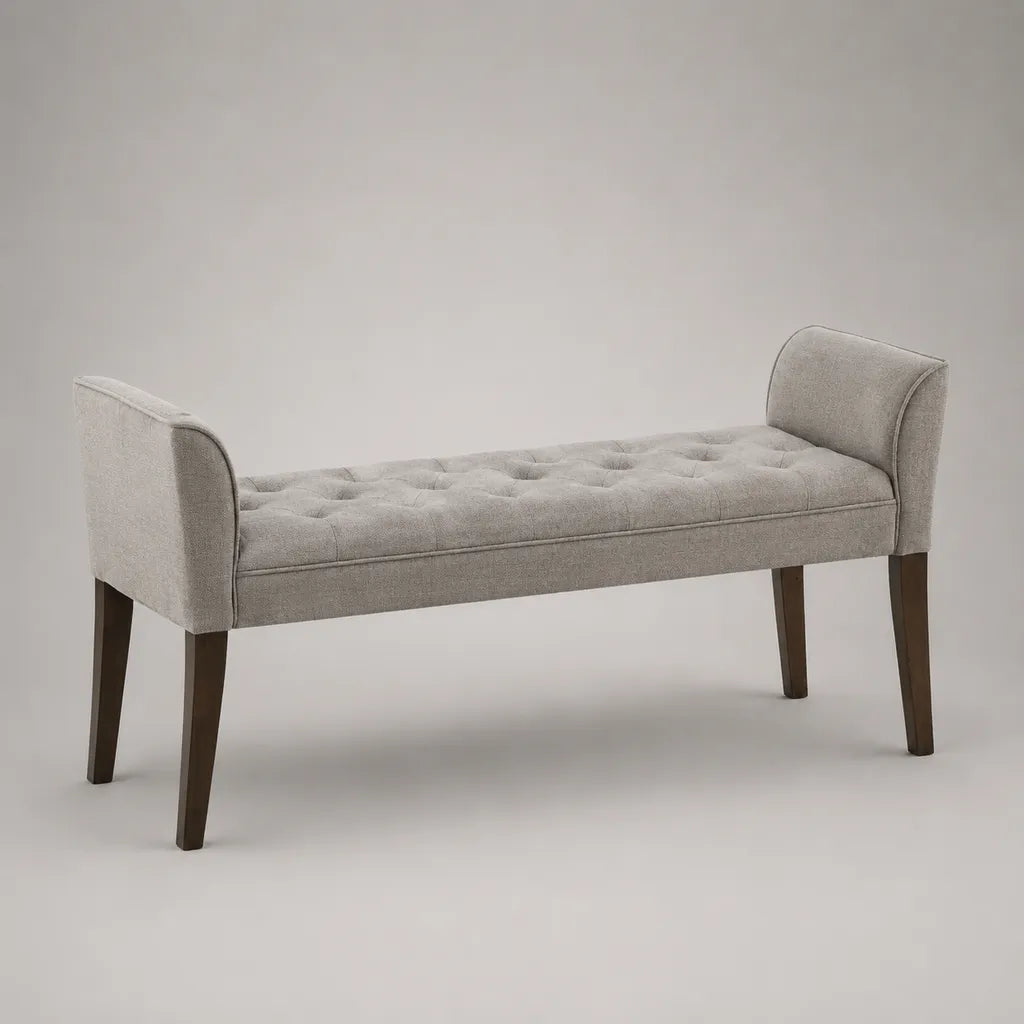 Panca imbottita in tessuto grigio chiaro con piedi in legno marrone scuro, 120 × 40 × 62 cm