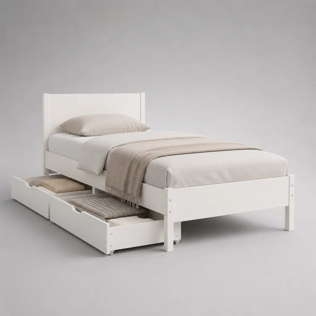 Letto singolo rettangolare 90 × 200 cm in legno bianco con letto con latte e 2 cassetti