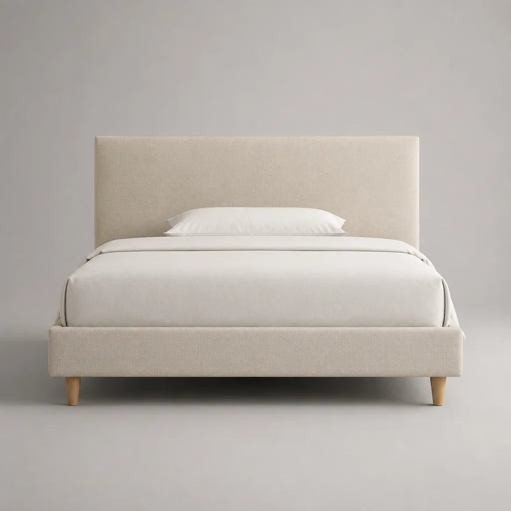Letto matrimoniale imbottito in poliestere beige chiaro con piedi in legno, 171 × 218 × 110 cm, letto 160 × 200 cm