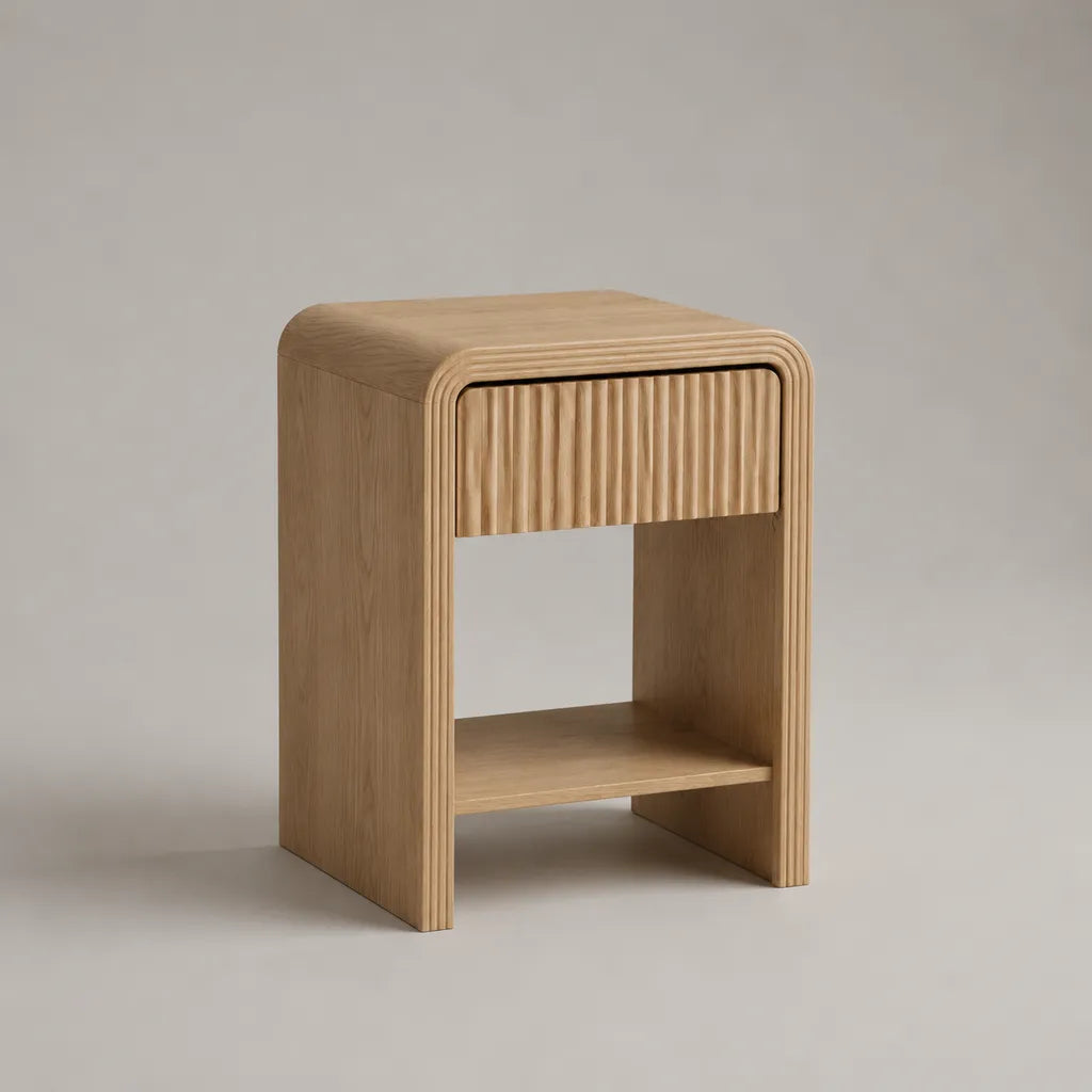 Tavolo da letto rettangolare MDF impiallacciato rovere naturale con cassetto e ripiano, rovere naturale e beige leggero, 45 × 35 × 60 cm