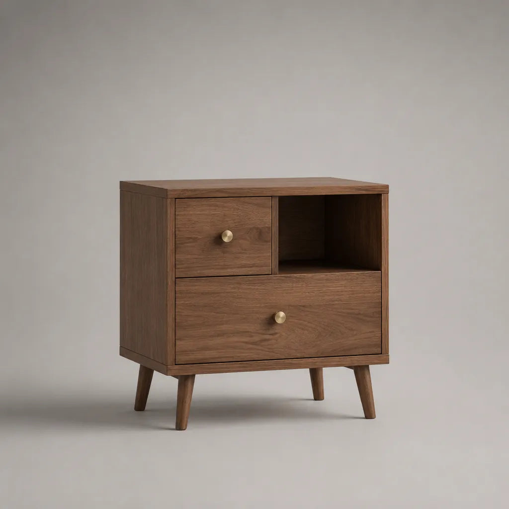 Comodino rettangolare in legno, 2 cassetti e 1 nicchia, marrone noce e ottone, 60 × 40 × 65 cm