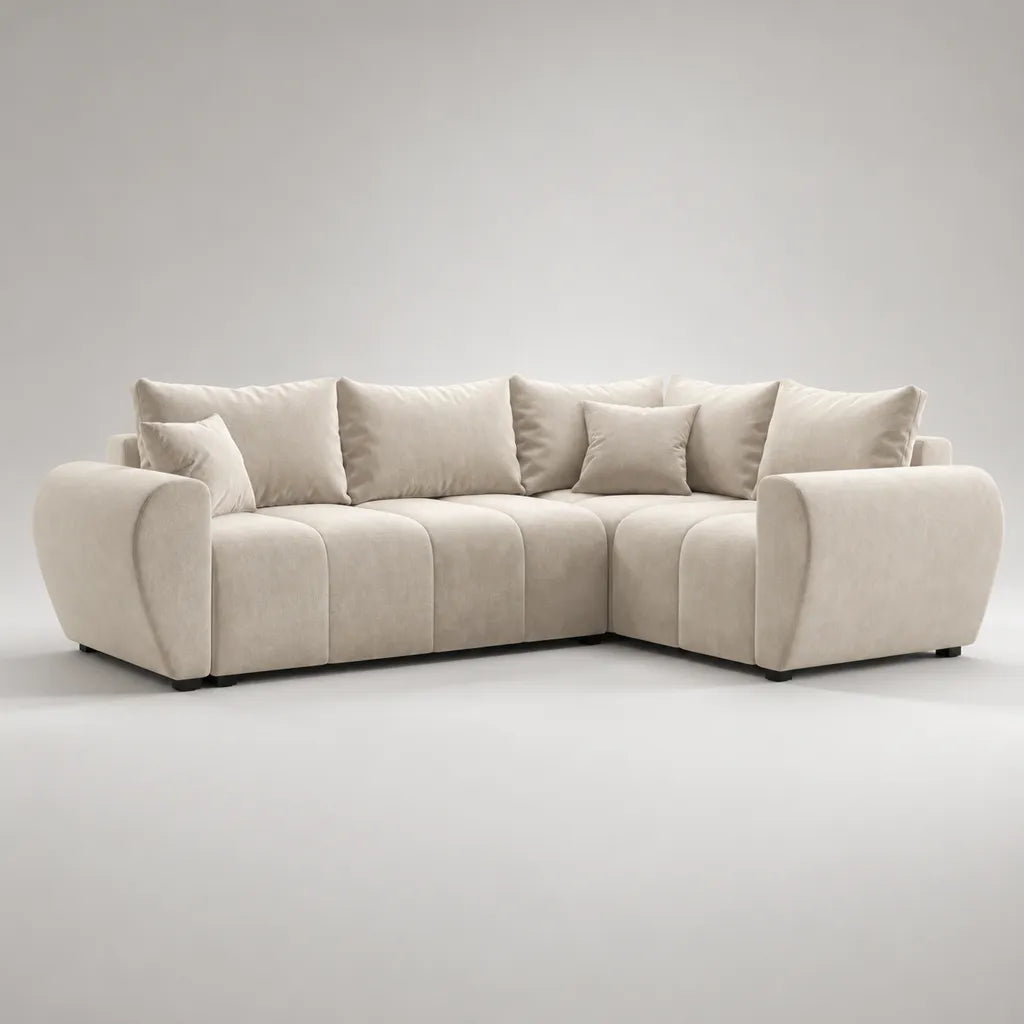 Divano ad angolo dritto 5 posti in velluto poliestere beige, 270 × 200 × 85 cm